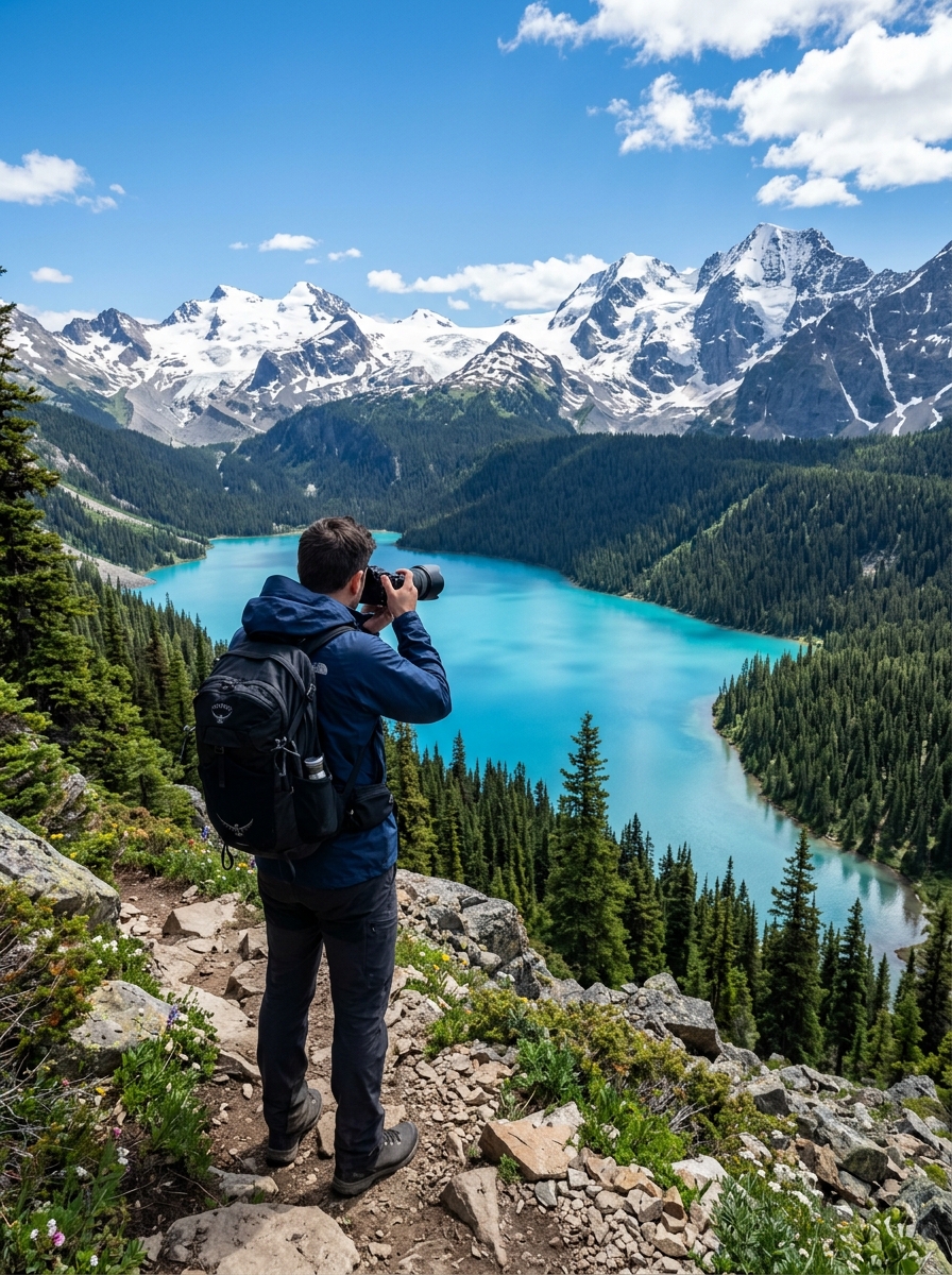 Photographer overlooking alpine mountain lake