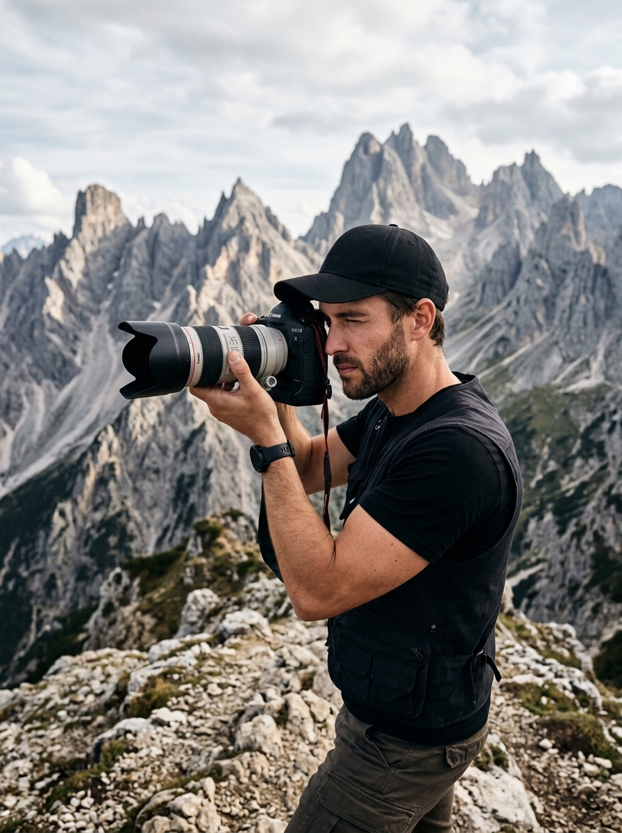 Photographer with camera in mountains