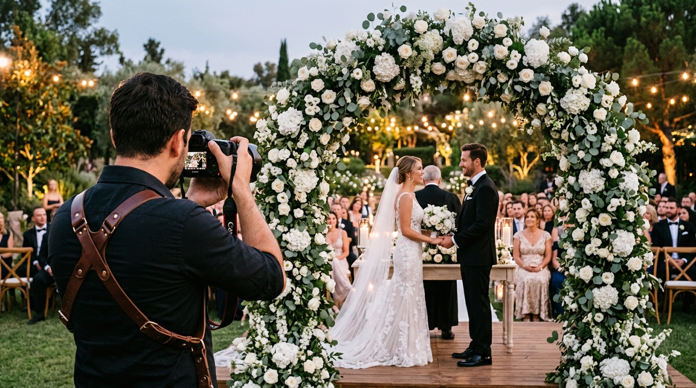 Wedding photographer with bride and groom